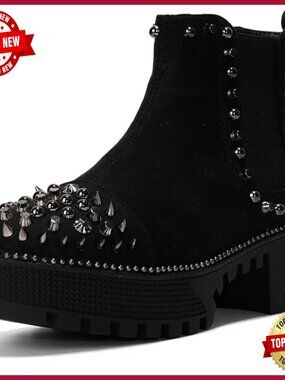 Spiky Platform Combat Boots with Gold Studs, Pull-On Closure